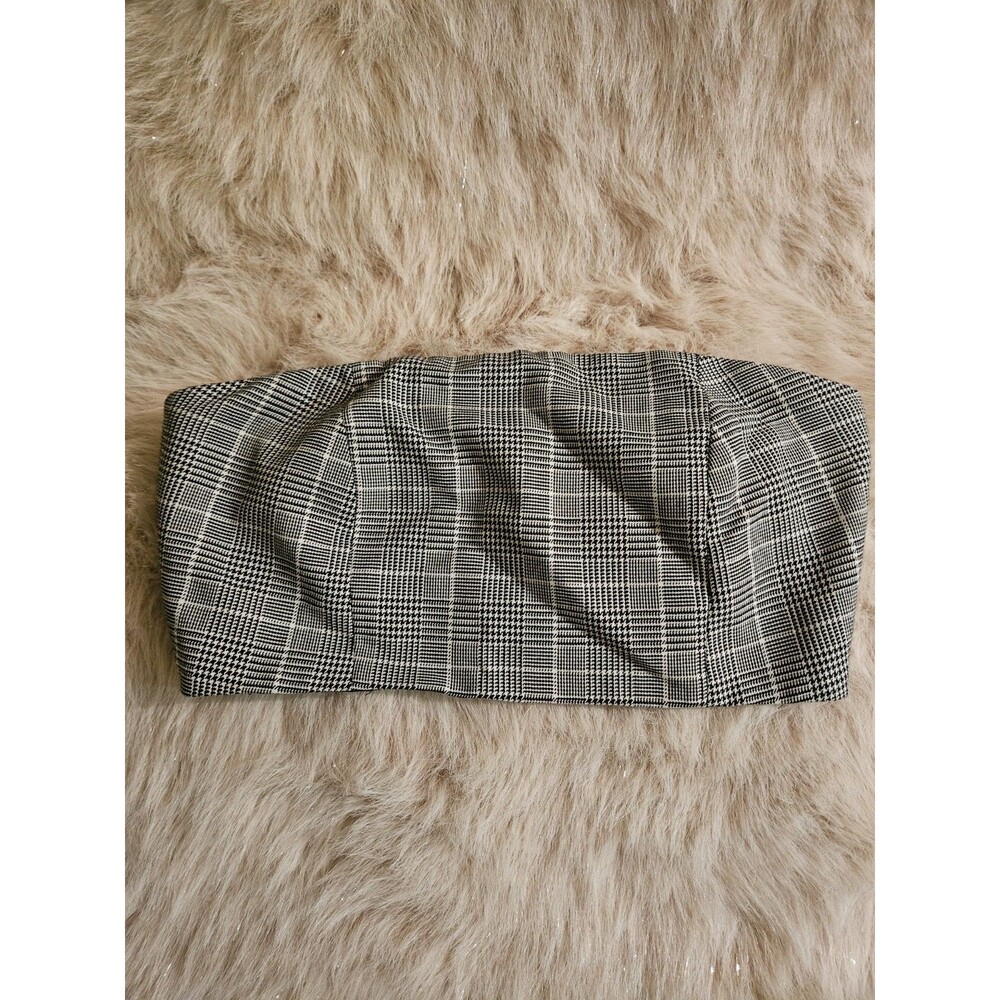 Forever 21 Womens Black White Plaid Strapless Tube Crop Top Sz Small Side Zipper